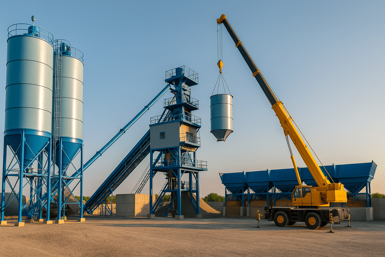 Crane Setting Cement Silo at Concrete Batching Plant