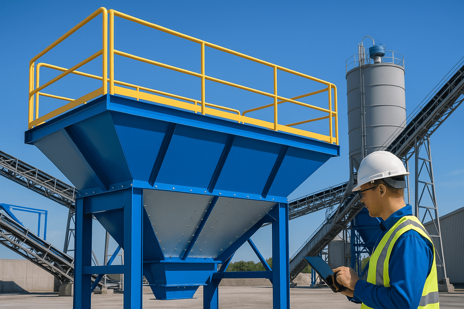 Engineer Inspecting Aggregate Hopper at Concrete Batching Plant