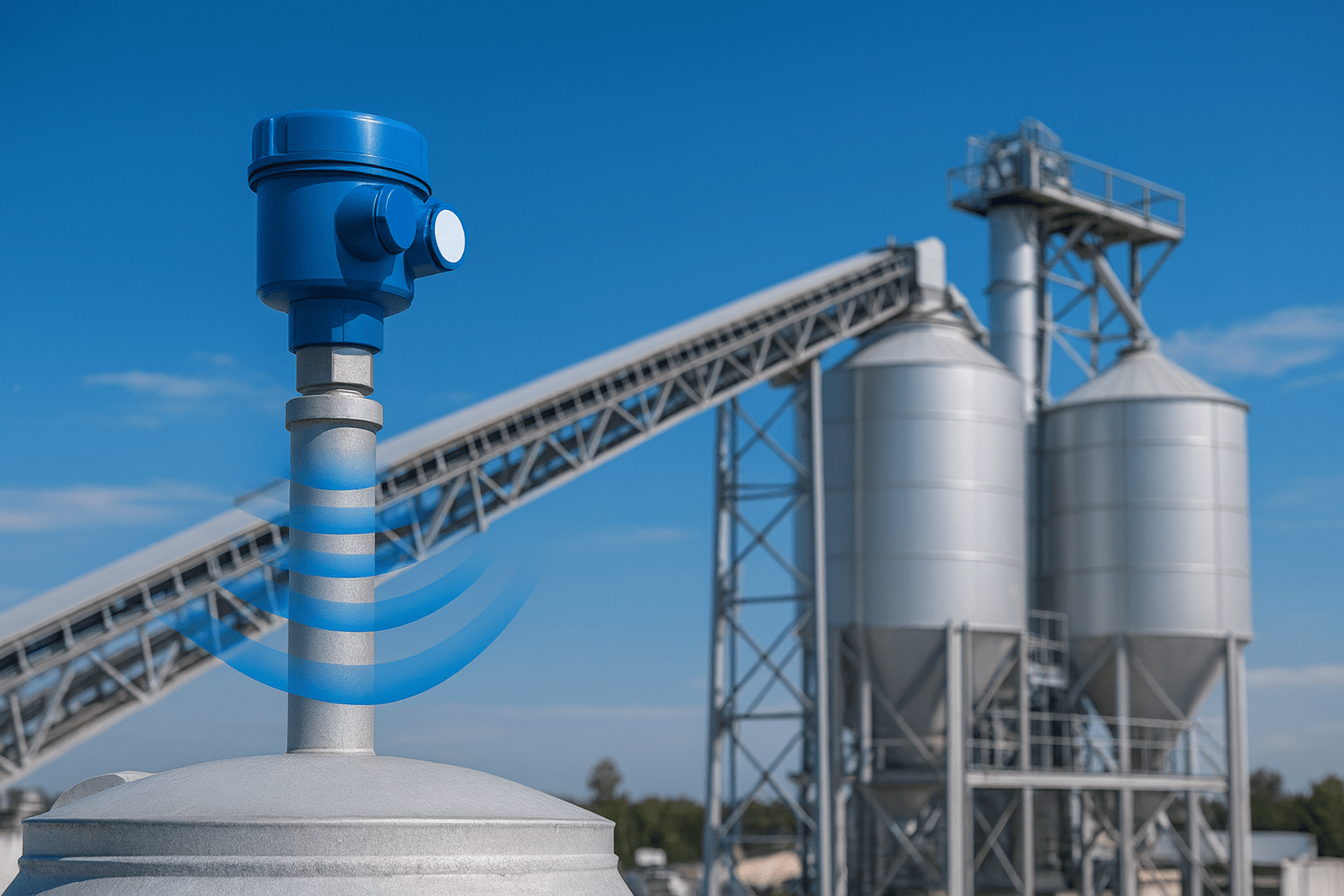 Radar Level Sensor on Concrete Plant Silo with Conveyor